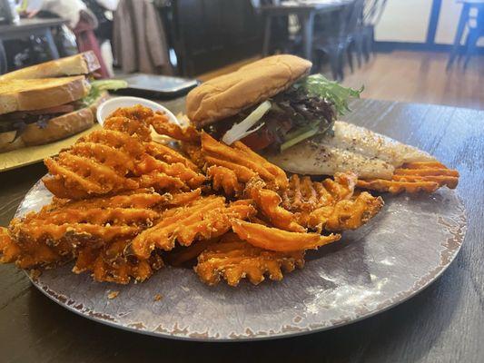 Fish sandwich and sweet potato fries