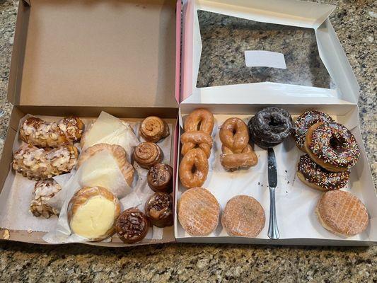 Pastries on left, donuts on the right. YUM!