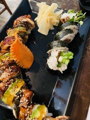 Dragon roll left and Salmon skin right