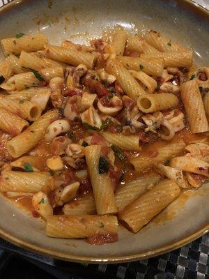 Delicious and spicy Calamari and Scumgilli Fra Diavolo with rigatoni