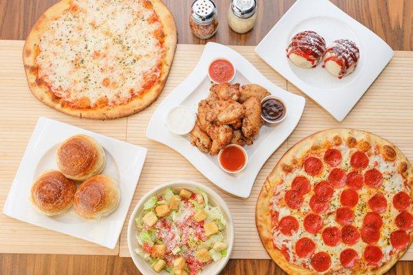 Pizzas, Chicken Wings, Salads, Paninis and Desserts