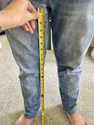 My son's measured 25" inseam. Note the tape measure ending at 28" which would leave him walking on his pants.