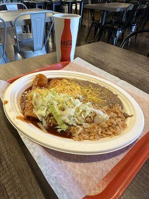 Cheese enchiladas, rice and beans..