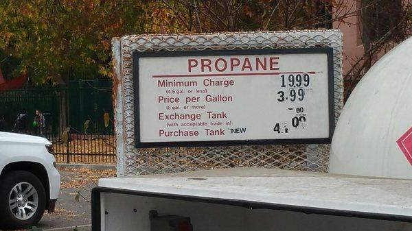 Texaco propane cost.  Minimum of $19.99!  Better make sure your tank is empty.