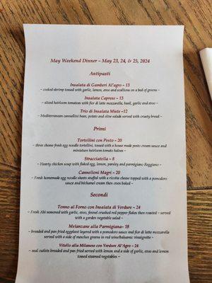 May Dinner menu