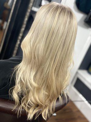 Butter blonde  babylights with long layers for this beauty