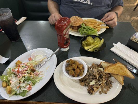 Side salad (upcharge), mushroom and Swiss chicken with okra and hickory burger with fries