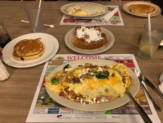 Farmer's Omelet, Ham Omelet with tomatoes, mushrooms, broccoli and Feta, Blueberry Pancakes and Homemade Bread French Toast