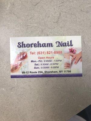 shoreham nail business card. The time in the yelp is incorrect.