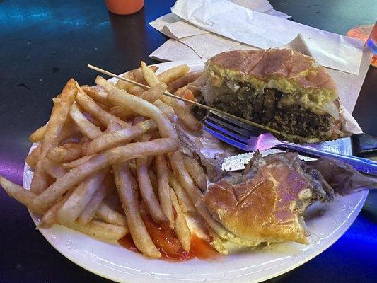 Swiss mushroom burger and fries.