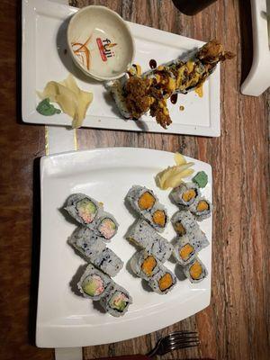 Soft shell crab roll (ask them to not make it with lettuce), spicy tuna, spicy salmon, & rainbow roll.