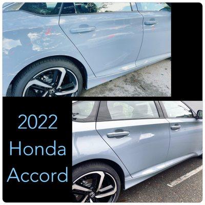 2022 Honda Accord Passenger rear door replacement and quarter panel damage repair.