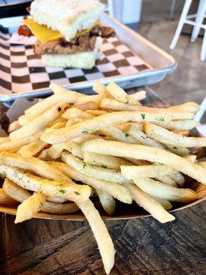 Garlic Fries - probably the best out there - get them cooked crispy/well done - so worth it. Salty, garlicky, golden crunchy - not greasy!