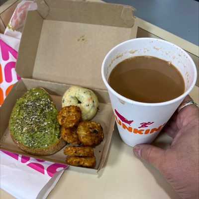 Avocado toast, egg bites, hash browns, mocha coffee