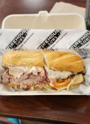 Firehouse "Hero" sub. Roast beef, turkey, ham. Taste great provolone cheese melted makes it even better. Bread is soft and fresh.