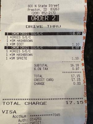 $17.15 for two breakfast meals when ordering soda (an extra $1.10 per drink) instead of drinking their crappy coffee.