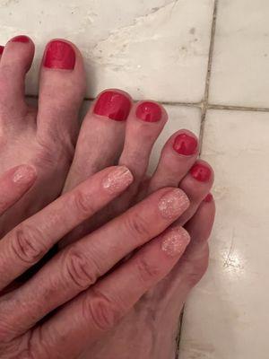 Powder mani and regular pedi.