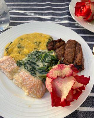 Dijon salmon, Balsamic Soy and Ginger Beef, Asiago basil polenta and creamed spinach. All very tasty!