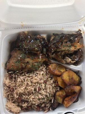 Jerk chicken rice and peas, plantain... Soo yummy