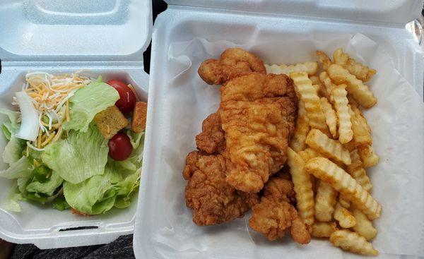 Pork chops dinner with fries and salad