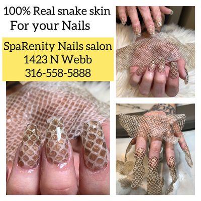 Want to try one of the kinds of nails from real snake skin? Available at SpaRenity Nails salon 1423N Webb rd (316)558-58888