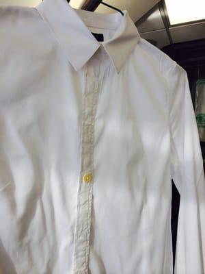 New white shirt from Banana Republic on PICK UP. Wrinkled, sateen finish stripped, button at top and 3rd one down are different colors.