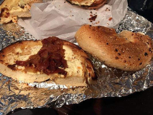 "DARK" Toasted bagel w/ creamcheese and bacon.