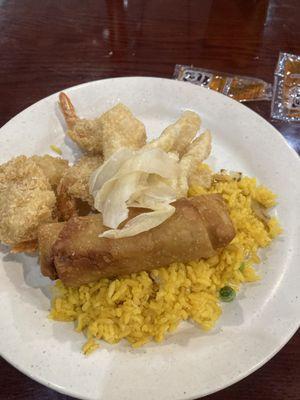 Fried shrimp, eggroll rice