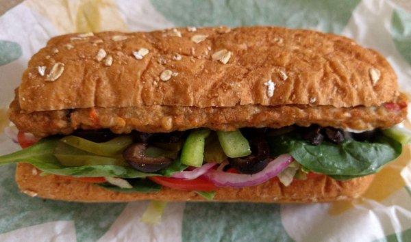 Veggie Patty sub on 9 grain honey oat bread. Glad this Subway has that bread and this veggie Patty sandwich.