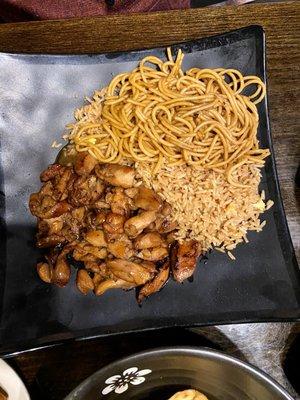 47. Bourbon Chicken with half fried rice & lo mein noodles.