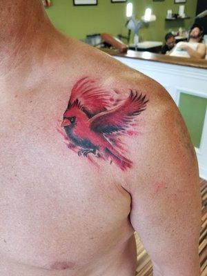 Realism Cardinal with touches of abstract per my request, Justin obliged even though out of the norm! Amazing work!