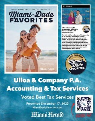 Great News!  Our company has been voted the Best Tax Service for Miami Dade Favorites Concurse 2023!