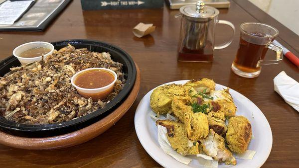 Koshary, with added chicken with Egyptian Mint Tea.