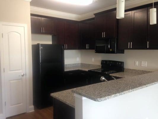 Our one bedroom kitchens are very well appointed with granite countertops, custom cabinets, sleek black appliances and move-in ready!