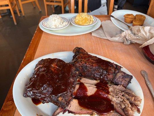 3 way combo with 2 sides and corn muffin . Here for dinner