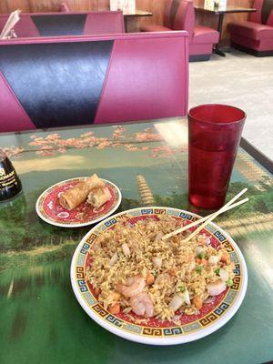 Shrimp fried rice and spring rolls