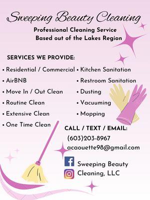 Find us on Facebook and Instagram at Sweeping_Beauty_CleaningLLC