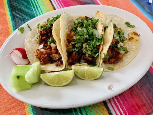 Marinated pork (center) & Chorizo Tacos