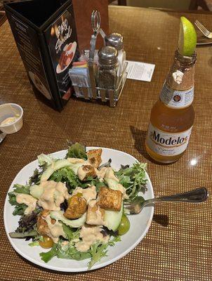 Side salad and a Modelo