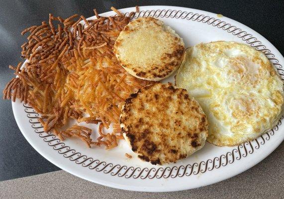 Two eggs, biscuit, well done hash browns