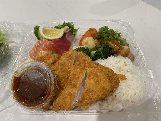 Tonkatsu, sashimi, and chicken teriyaki bento box $18.95 - great value!