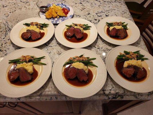 Beef tenderloin with a special Demi glaze. Amazing.