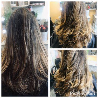 Before and after color highlights cut and style