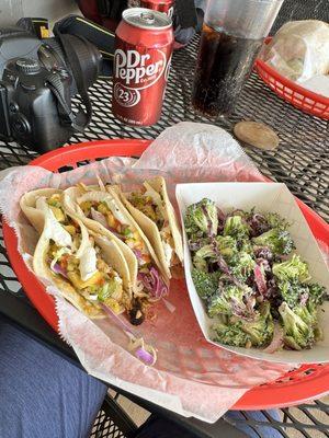 Halibut tacos and broccoli salad