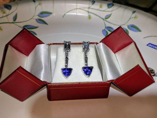 20th anniversary diamond studs w/ detachable tanzanite and diamond jackets allowing multiple usages and possible future combinations.