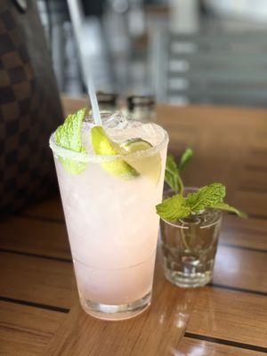 Lavender margarita on the rocks with my request of mint on the side. This is a double