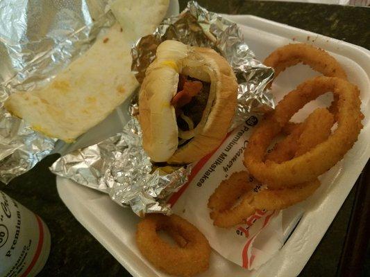 Burger, O-rings, and Quesadilla