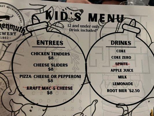 Kids menu