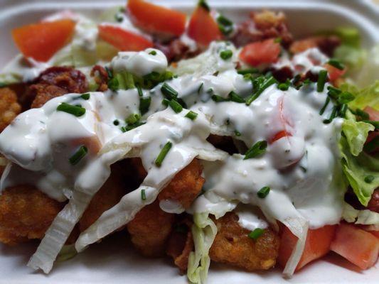 Wedge Tots: Bacon, tomatoes, Bleu cheese dressing, lettuce & chives.