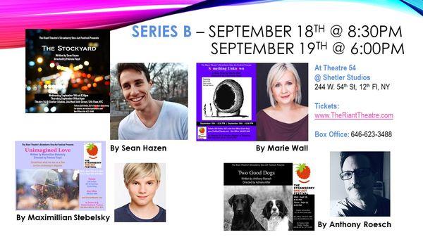 Series B - 9/18 @ 8:30pm & 9/19 @ 6pm at Theatre 54 @ Shetler Studios & Theatres, 244 W. 54th St, 12th Fl, NYC.